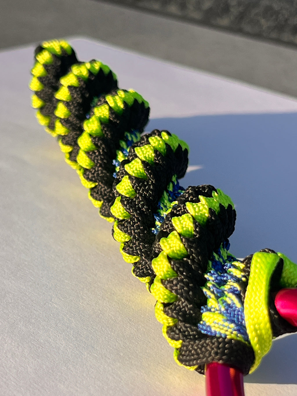 5in(13cm) Keychain 5-string Artisan Handwoven Helix Spiral Paracord Collectible Keychain – Black and Neon Green